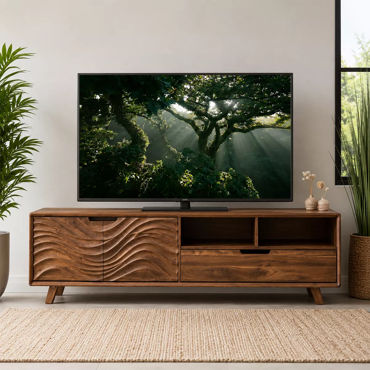Natural Solid Wood TV Stand with Sculptural Wavy Cabinet Door Japandi - Livewoodcraft - 3