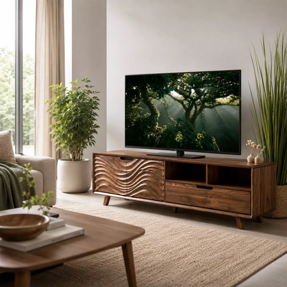 Natural Solid Wood TV Stand with Sculptural Wavy Cabinet Door Japandi - Livewoodcraft - 4