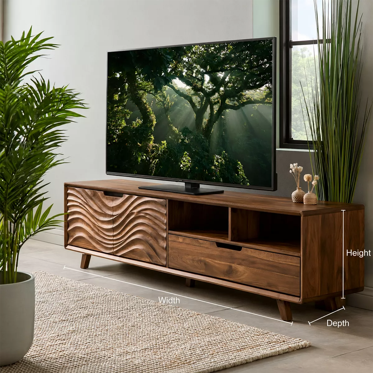 Natural Solid Wood TV Stand with Sculptural Wavy Cabinet Door Japandi - Livewoodcraft - 5