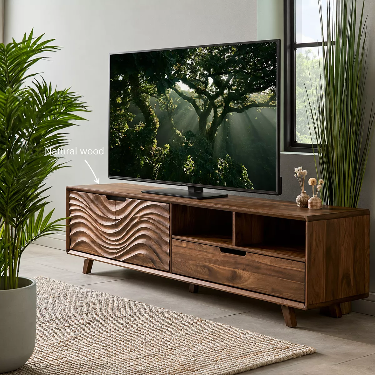 Natural Solid Wood TV Stand with Sculptural Wavy Cabinet Door Japandi - Livewoodcraft - 6