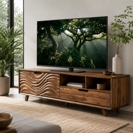 Natural Solid Wood TV Stand with Sculptural Wavy Cabinet Door Japandi - Livewoodcraft