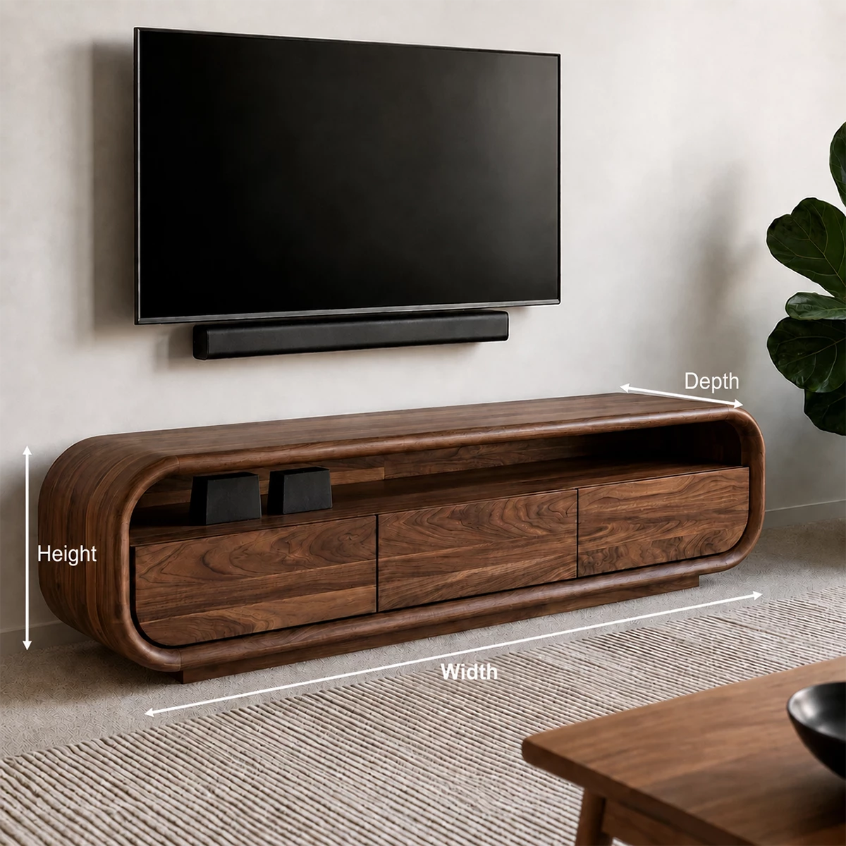 Natural Solid Wood TV Stand with Three Cabinets and Full Width Open Media Shelf - Livewoodcraft - 10
