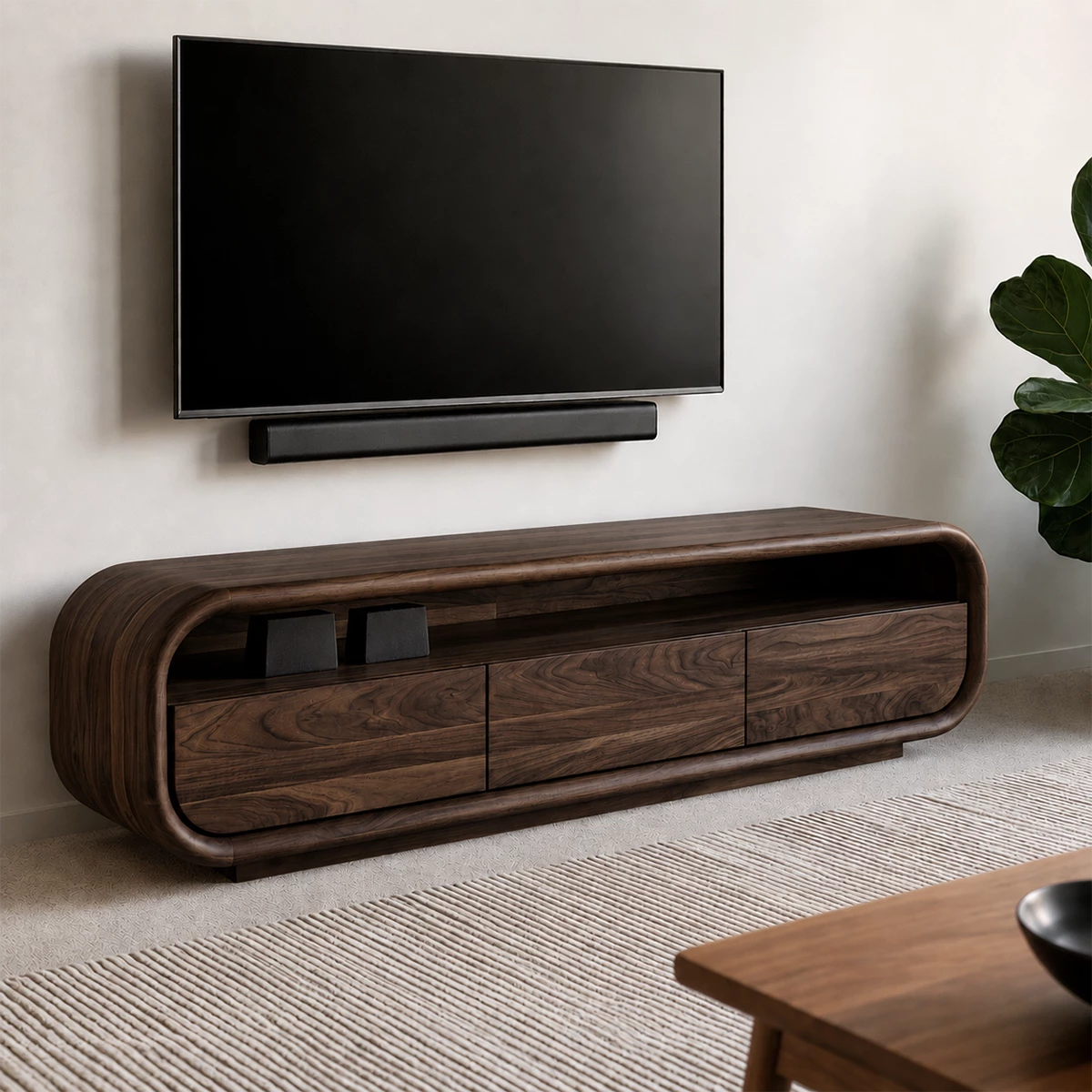 Natural Solid Wood TV Stand with Three Cabinets and Full Width Open Media Shelf - Livewoodcraft - 2
