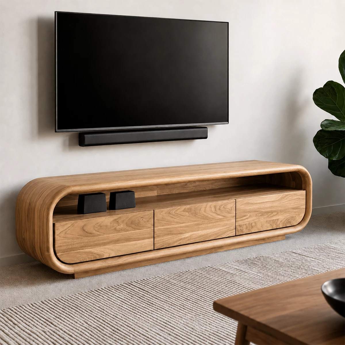 Natural Solid Wood TV Stand with Three Cabinets and Full Width Open Media Shelf - Livewoodcraft - 4