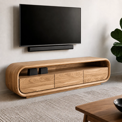 Natural Solid Wood TV Stand with Three Cabinets and Full Width Open Media Shelf - Livewoodcraft - 4