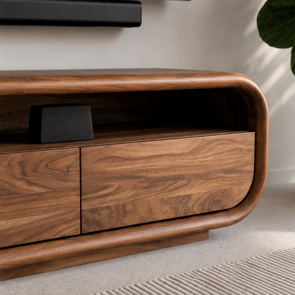 Natural Solid Wood TV Stand with Three Cabinets and Full Width Open Media Shelf - Livewoodcraft - 5