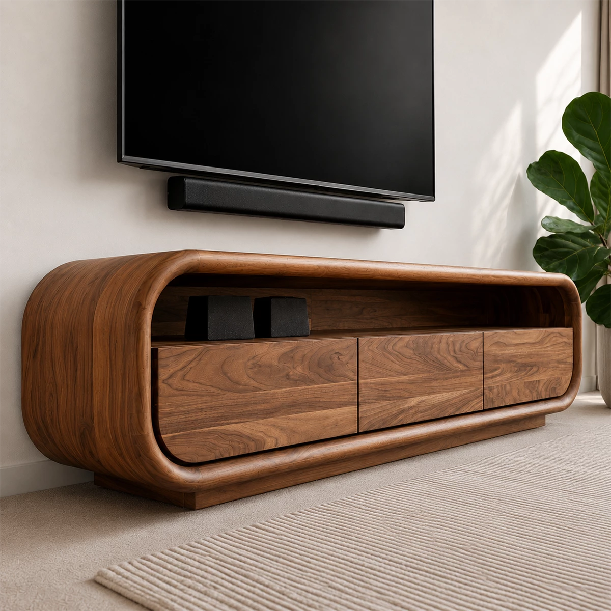 Natural Solid Wood TV Stand with Three Cabinets and Full Width Open Media Shelf - Livewoodcraft - 6
