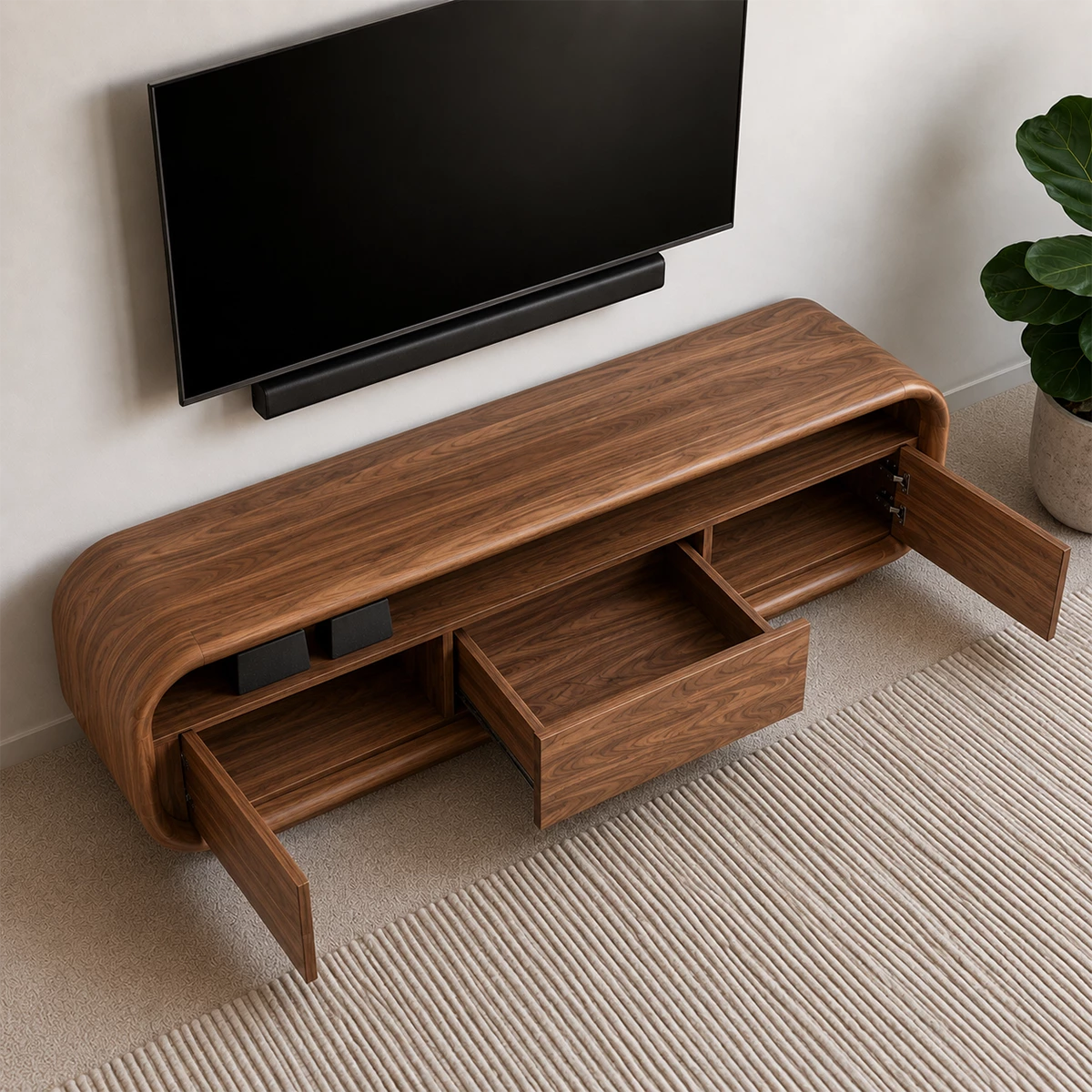 Natural Solid Wood TV Stand with Three Cabinets and Full Width Open Media Shelf - Livewoodcraft - 7