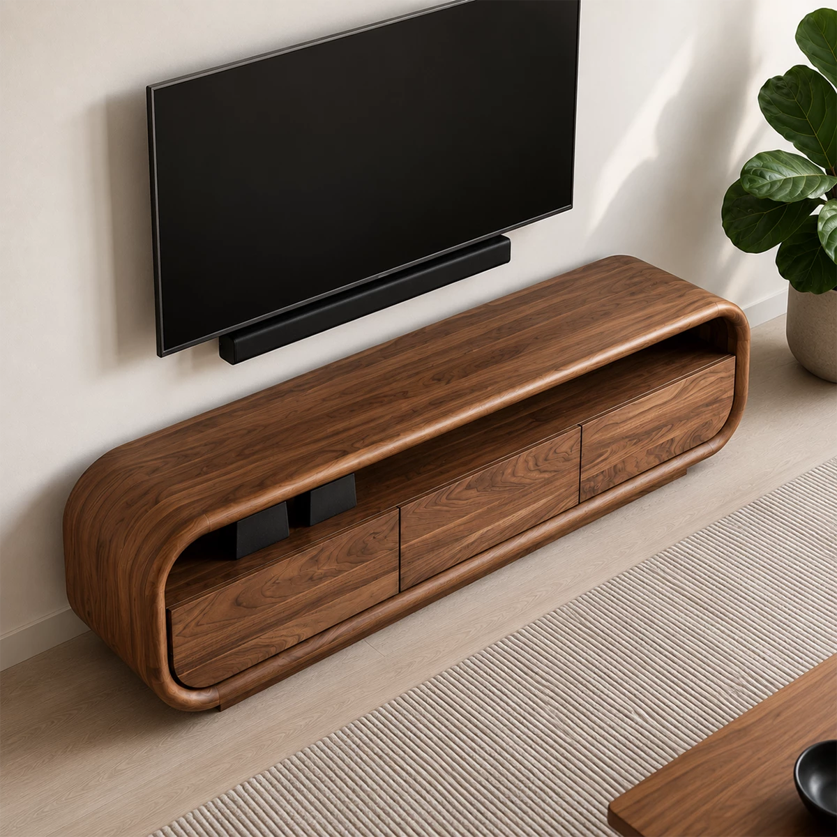 Natural Solid Wood TV Stand with Three Cabinets and Full Width Open Media Shelf - Livewoodcraft - 8