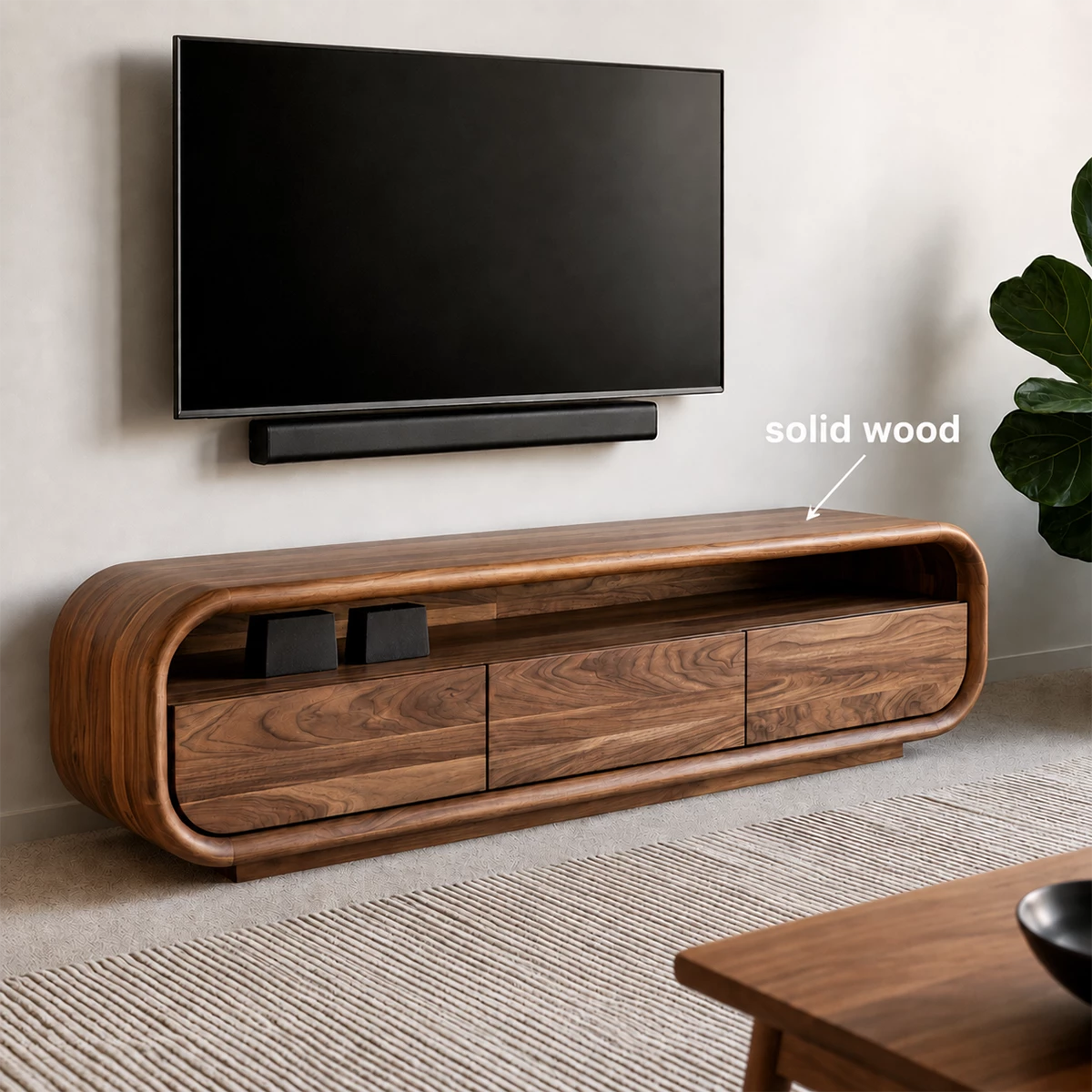 Natural Solid Wood TV Stand with Three Cabinets and Full Width Open Media Shelf - Livewoodcraft - 9