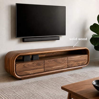 Natural Solid Wood TV Stand with Three Cabinets and Full Width Open Media Shelf - Livewoodcraft - 9