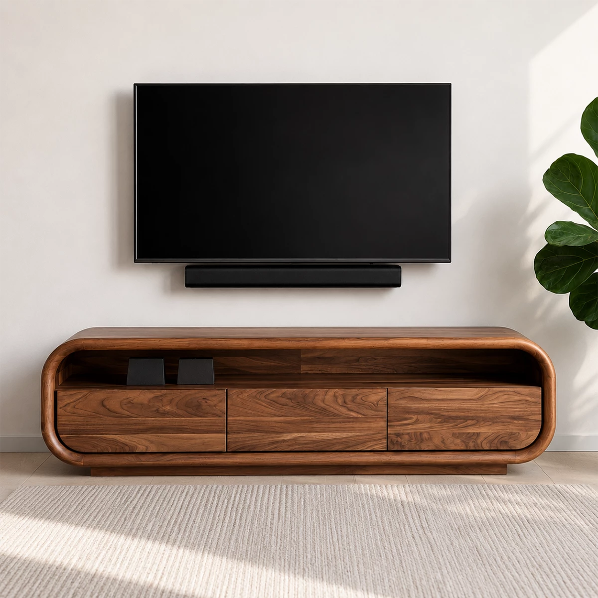 Natural Solid Wood TV Stand with Three Cabinets and Full Width Open Media Shelf - Livewoodcraft