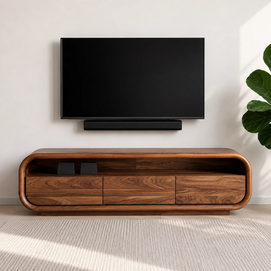 Natural Solid Wood TV Stand with Three Cabinets and Full Width Open Media Shelf - Livewoodcraft