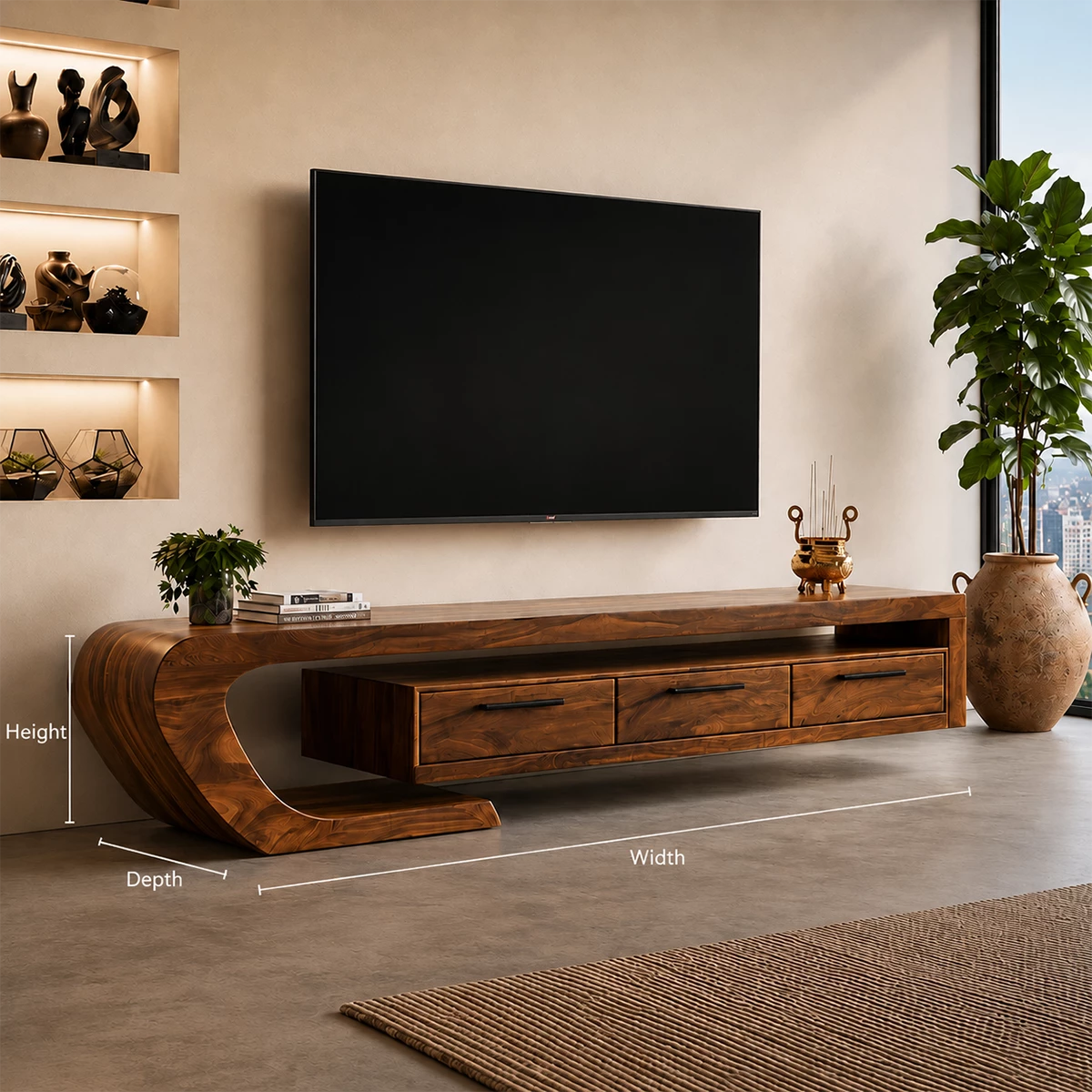 Natural Solid Wood TV Stand with Three Drawers and Sculptural Curved Base - Livewoodcraft - 10