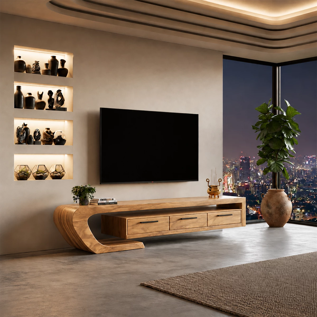 Natural Solid Wood TV Stand with Three Drawers and Sculptural Curved Base - Livewoodcraft - 2