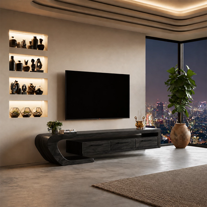 Natural Solid Wood TV Stand with Three Drawers and Sculptural Curved Base - Livewoodcraft - 3
