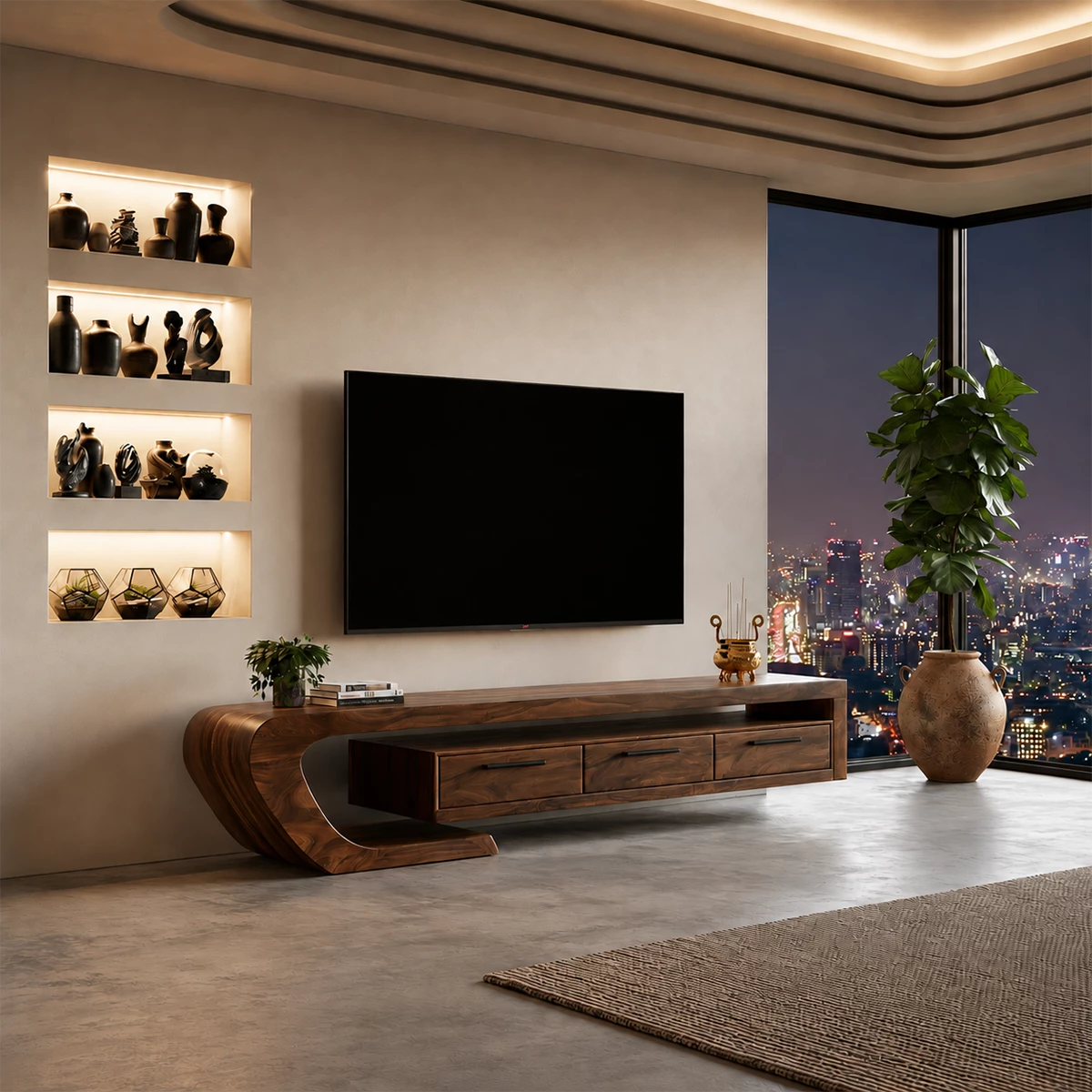 Natural Solid Wood TV Stand with Three Drawers and Sculptural Curved Base - Livewoodcraft - 4