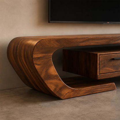 Natural Solid Wood TV Stand with Three Drawers and Sculptural Curved Base - Livewoodcraft - 5