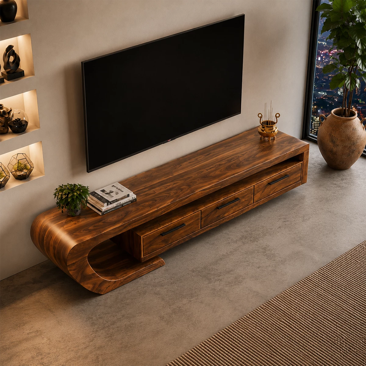 Natural Solid Wood TV Stand with Three Drawers and Sculptural Curved Base - Livewoodcraft - 6