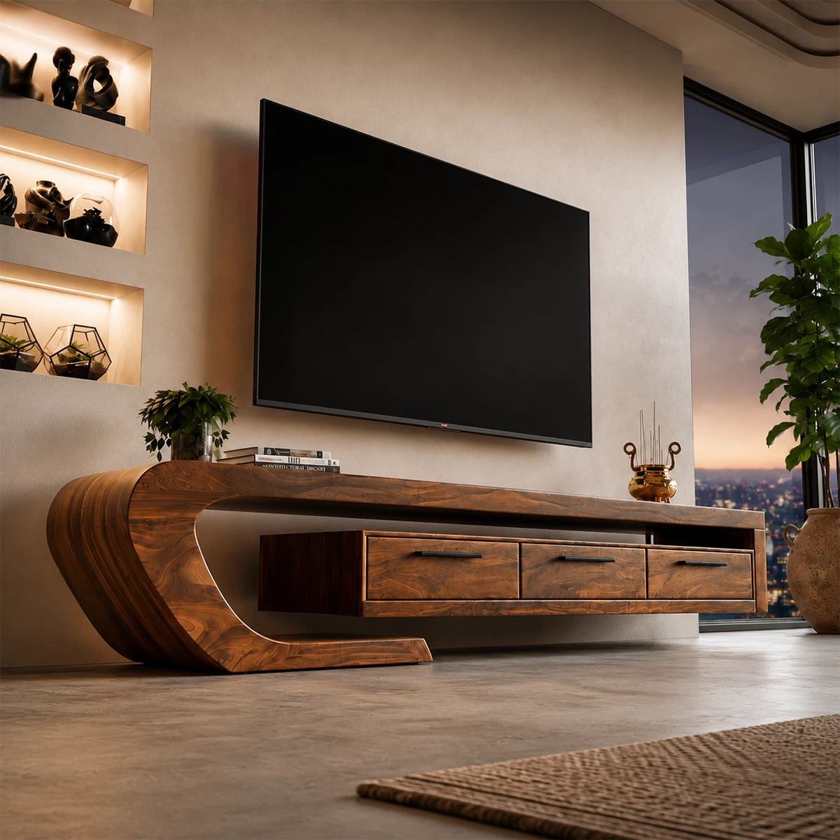 Natural Solid Wood TV Stand with Three Drawers and Sculptural Curved Base - Livewoodcraft - 7