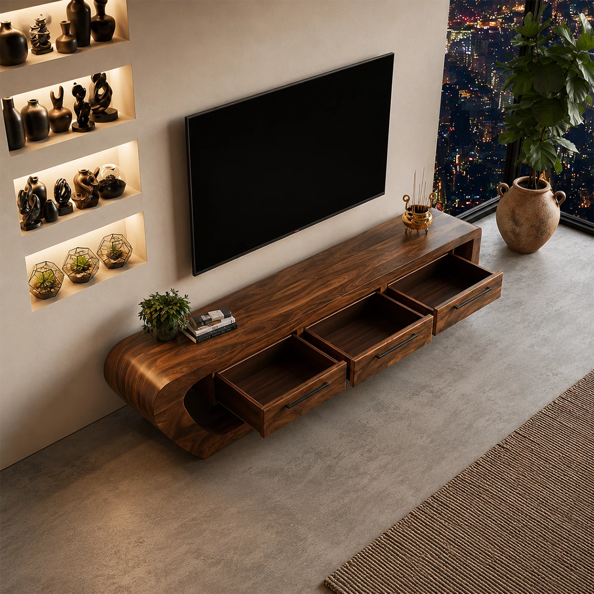 Natural Solid Wood TV Stand with Three Drawers and Sculptural Curved Base - Livewoodcraft - 8