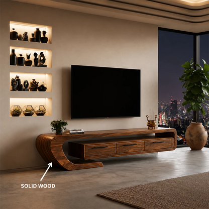 Natural Solid Wood TV Stand with Three Drawers and Sculptural Curved Base - Livewoodcraft - 9