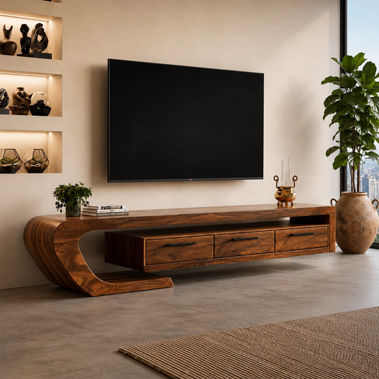 Natural Solid Wood TV Stand with Three Drawers and Sculptural Curved Base - Livewoodcraft