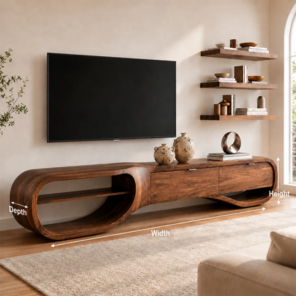 Natural Solid Wood TV Stand with Three Drawers and Sculptural Loop Shelves - Livewoodcraft - 10
