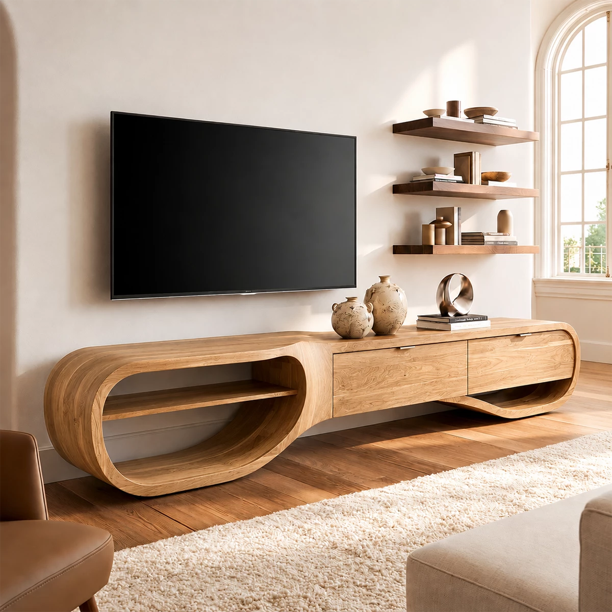 Natural Solid Wood TV Stand with Three Drawers and Sculptural Loop Shelves - Livewoodcraft - 2