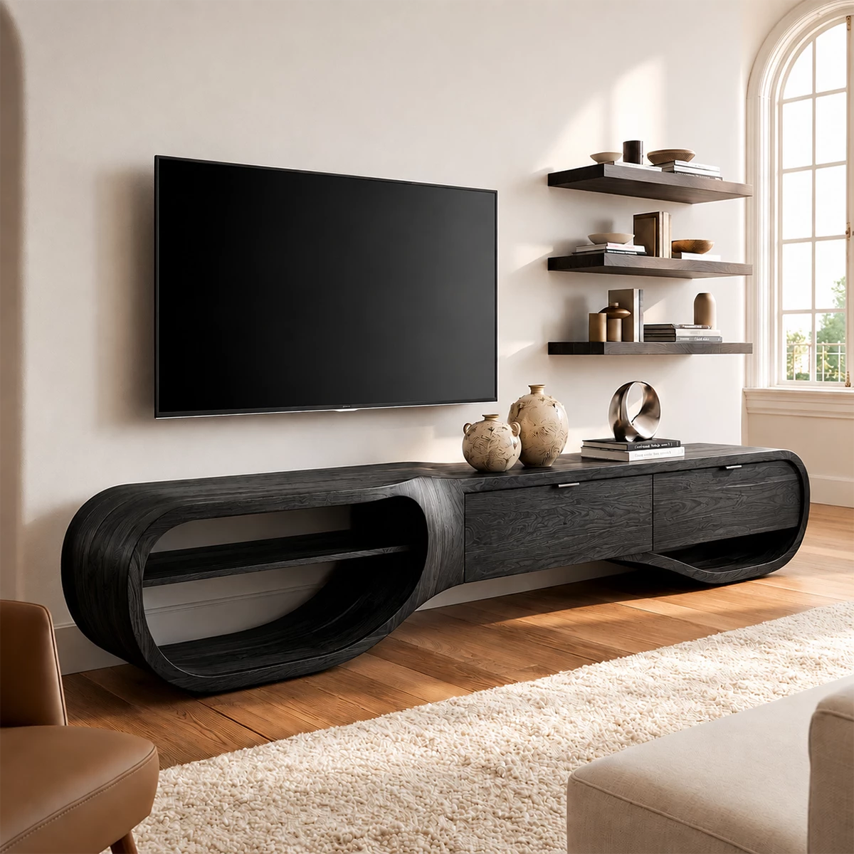 Natural Solid Wood TV Stand with Three Drawers and Sculptural Loop Shelves - Livewoodcraft - 3