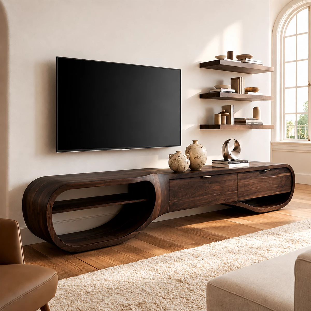 Natural Solid Wood TV Stand with Three Drawers and Sculptural Loop Shelves - Livewoodcraft - 4