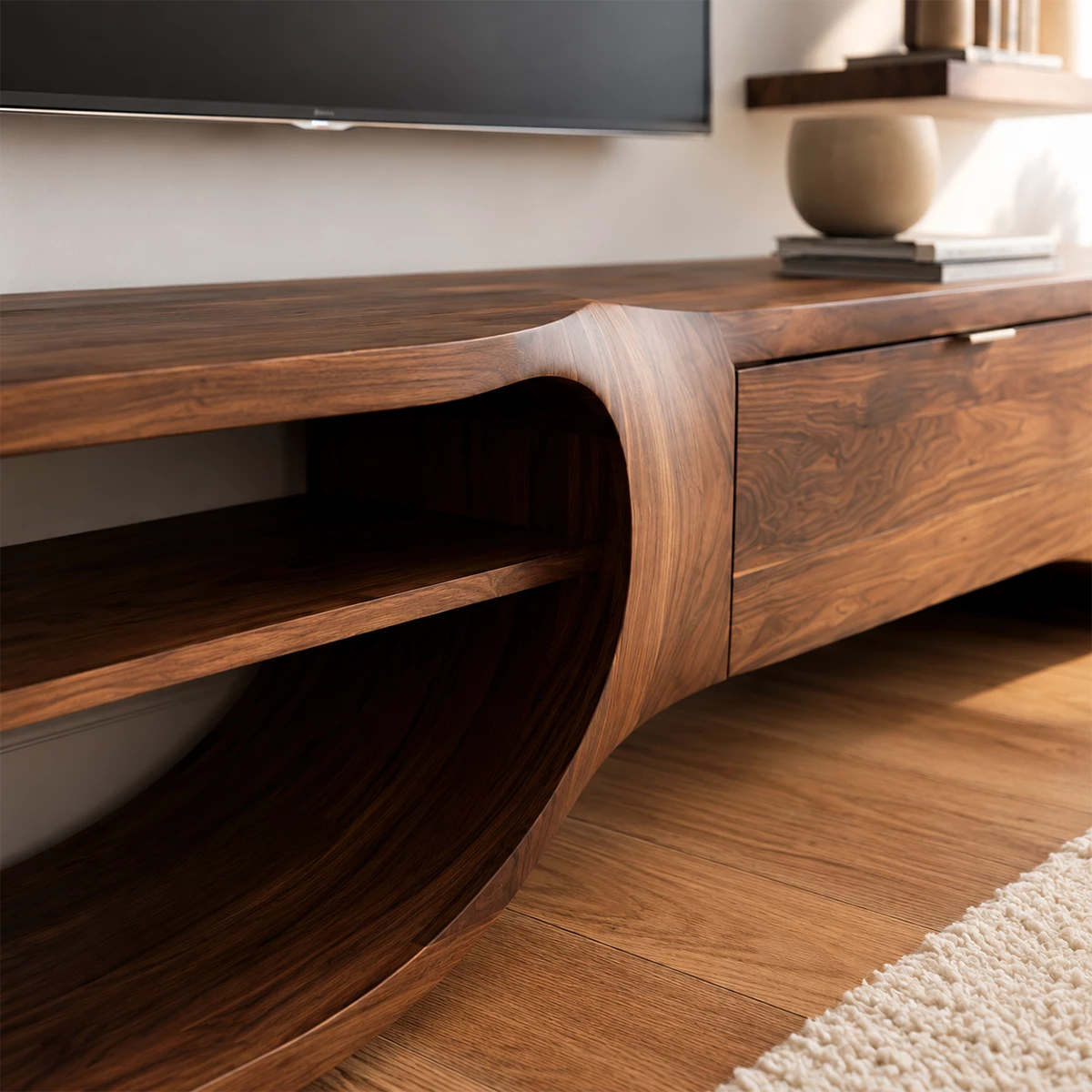 Natural Solid Wood TV Stand with Three Drawers and Sculptural Loop Shelves - Livewoodcraft - 5
