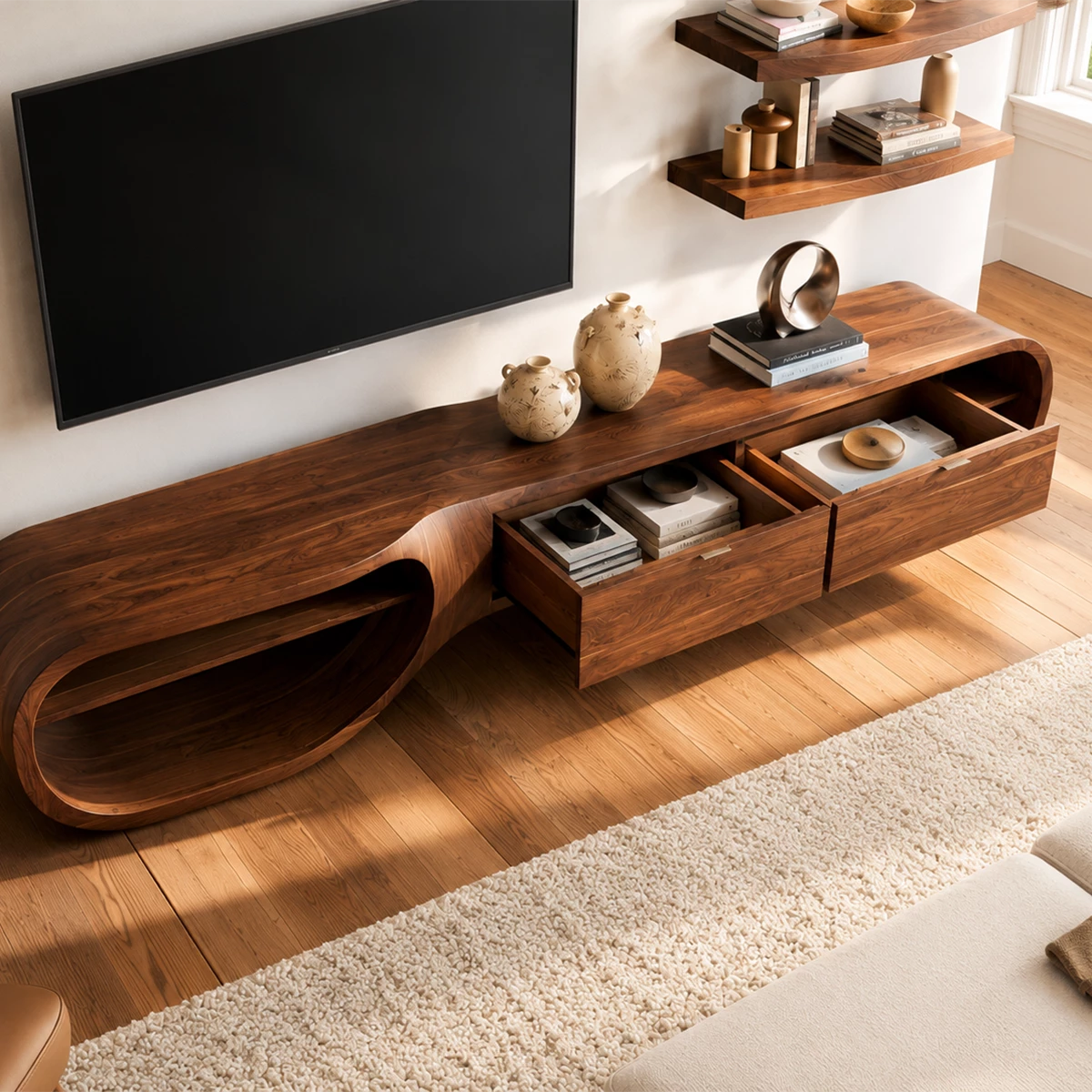 Natural Solid Wood TV Stand with Three Drawers and Sculptural Loop Shelves - Livewoodcraft - 6