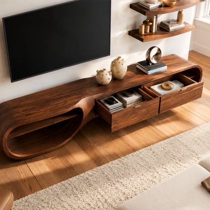 Natural Solid Wood TV Stand with Three Drawers and Sculptural Loop Shelves - Livewoodcraft - 6