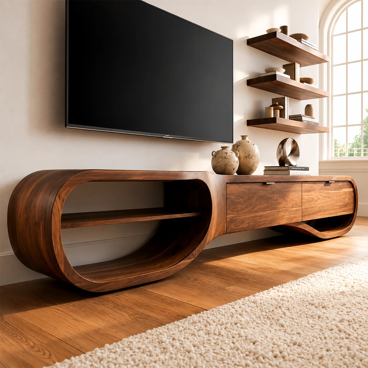 Natural Solid Wood TV Stand with Three Drawers and Sculptural Loop Shelves - Livewoodcraft - 7