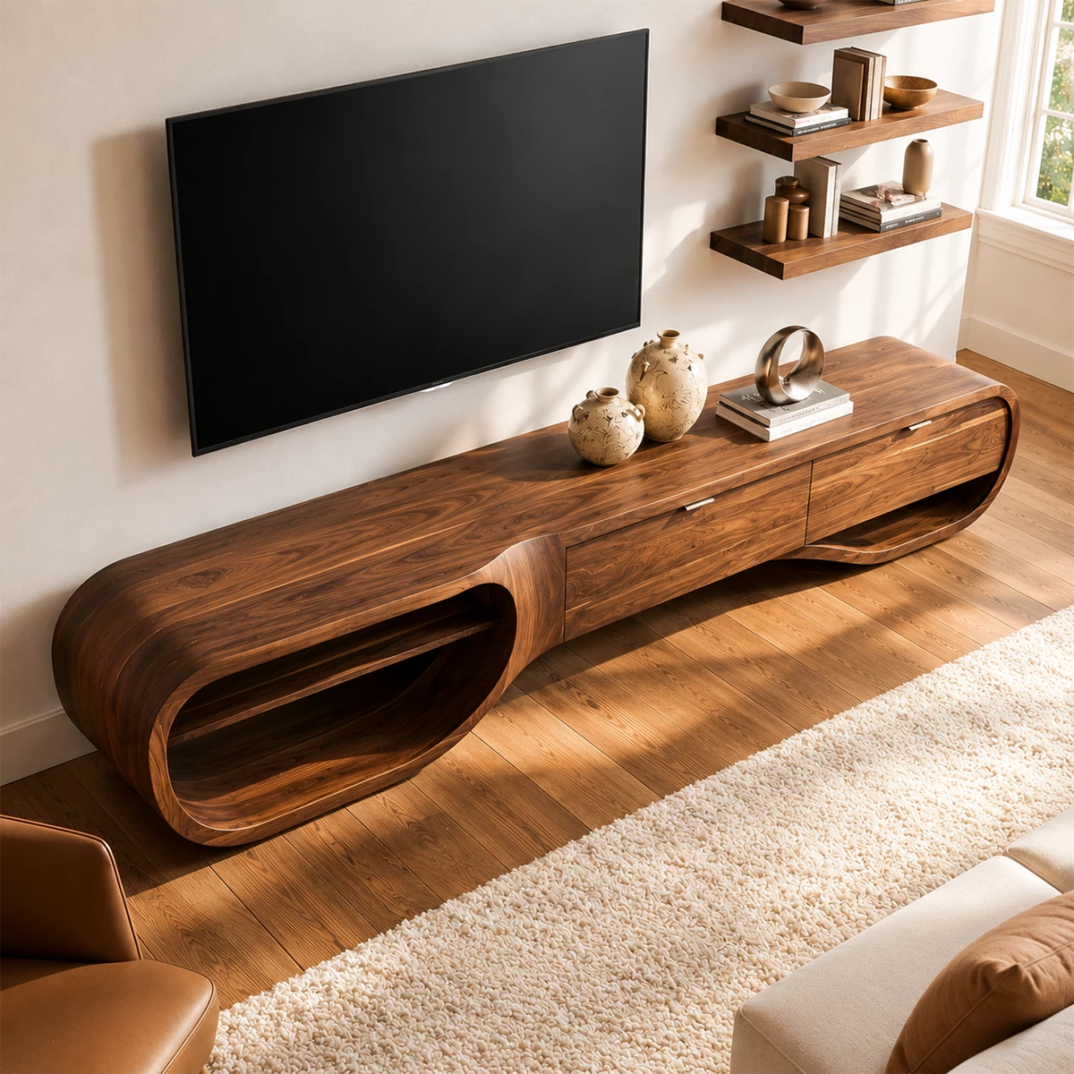 Natural Solid Wood TV Stand with Three Drawers and Sculptural Loop Shelves - Livewoodcraft - 8