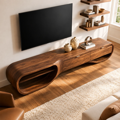 Natural Solid Wood TV Stand with Three Drawers and Sculptural Loop Shelves - Livewoodcraft - 8