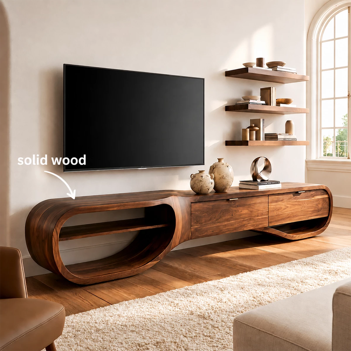 Natural Solid Wood TV Stand with Three Drawers and Sculptural Loop Shelves - Livewoodcraft - 9