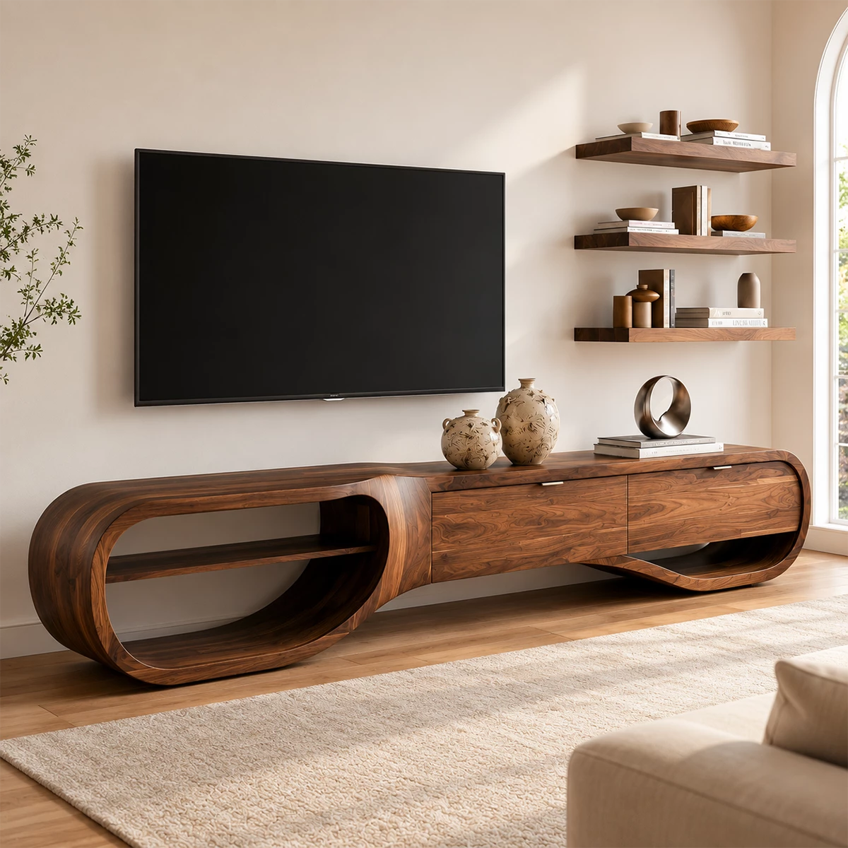 Natural Solid Wood TV Stand with Three Drawers and Sculptural Loop Shelves - Livewoodcraft