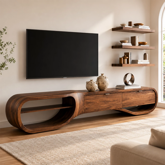 Natural Solid Wood TV Stand with Three Drawers and Sculptural Loop Shelves - Livewoodcraft