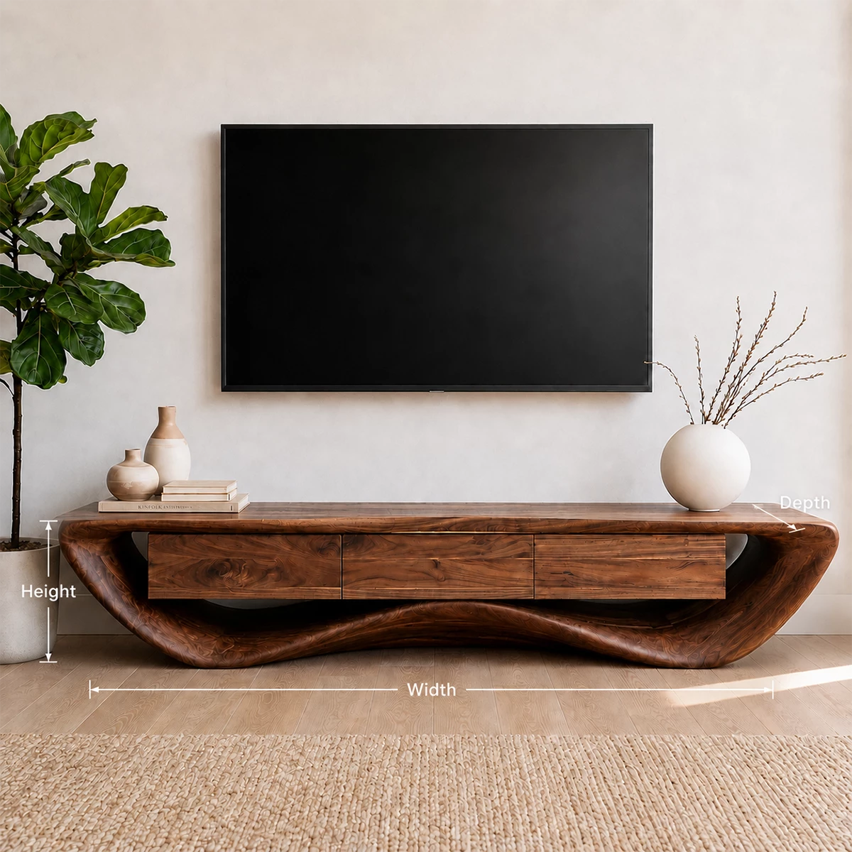 Natural Solid Wood TV Stand with Three Drawers and Sculptural Wave Base - Livewoodcraft - 10