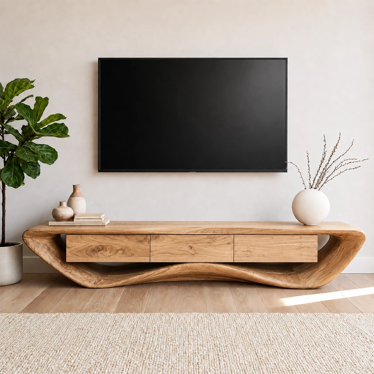 Natural Solid Wood TV Stand with Three Drawers and Sculptural Wave Base - Livewoodcraft - 2