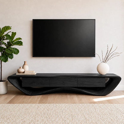 Natural Solid Wood TV Stand with Three Drawers and Sculptural Wave Base - Livewoodcraft - 3