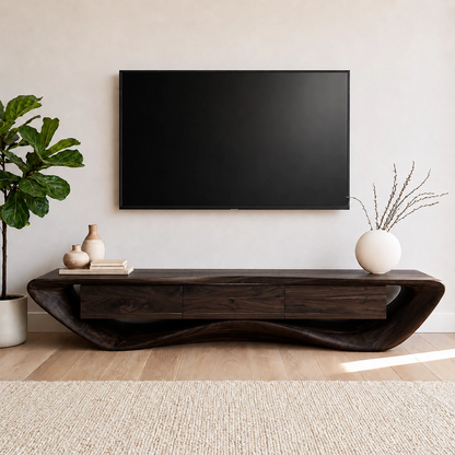 Natural Solid Wood TV Stand with Three Drawers and Sculptural Wave Base - Livewoodcraft - 4