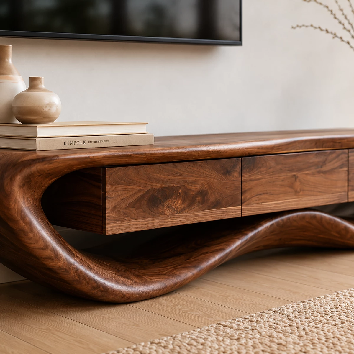 Natural Solid Wood TV Stand with Three Drawers and Sculptural Wave Base - Livewoodcraft - 5
