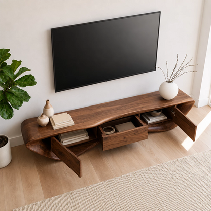 Natural Solid Wood TV Stand with Three Drawers and Sculptural Wave Base - Livewoodcraft - 6