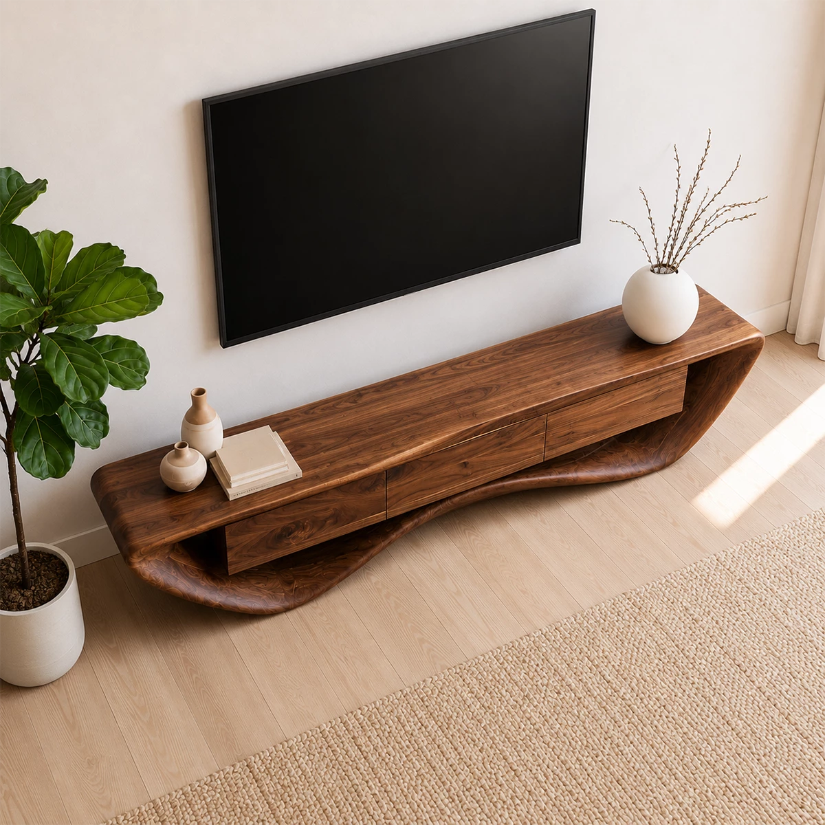 Natural Solid Wood TV Stand with Three Drawers and Sculptural Wave Base - Livewoodcraft - 7