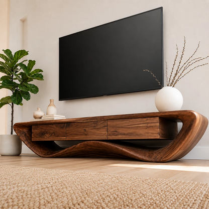 Natural Solid Wood TV Stand with Three Drawers and Sculptural Wave Base - Livewoodcraft - 8