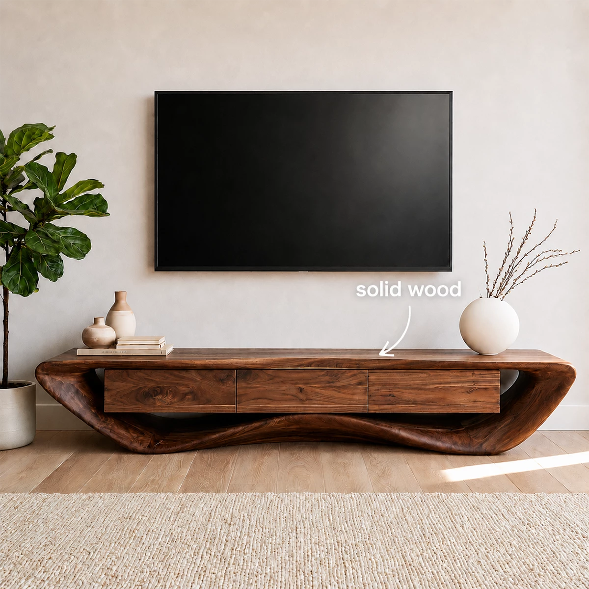 Natural Solid Wood TV Stand with Three Drawers and Sculptural Wave Base - Livewoodcraft - 9