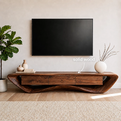 Natural Solid Wood TV Stand with Three Drawers and Sculptural Wave Base - Livewoodcraft - 9